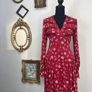 Free People Red Floral Long Sleeve Mini Dress with Lace Detail